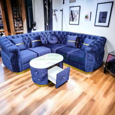 Sofa L Sudut Chester List Gold + Meja / Sofa Mewah / Sofa Kancing