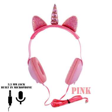 Headset Earphone Handsfree Headphone Unicorn Uni Mic Pink