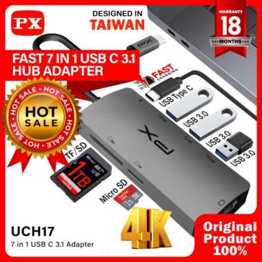 PX UCH17 USB Hub Type C Converter Laptop Macbook to HDMI SD Card 7in1