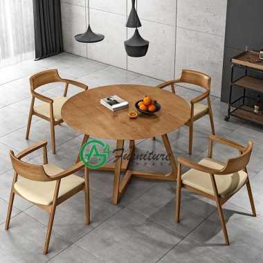 Meja Cafe Bulat Minimalis 4 Kursi Hiroshima Warna Natural - Kayu Jati
