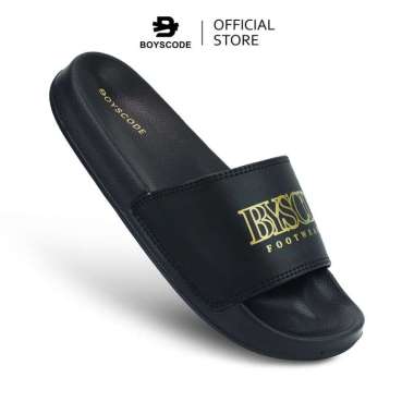 BOYSCODE Sendal Selop Karet Pria Wanita Motif BSCD Big Logo Hitam Gold / Slop Pria / Slip On Pria /