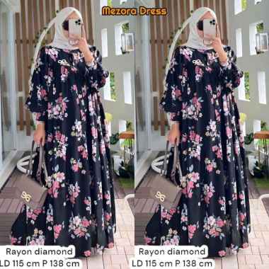 Mezora Dress Wanita Rayon Diamond Gamis Terbaru Lengan Panjang Baju Muslim Ruffe Polos Kekinian LD 1