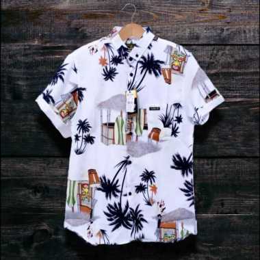 Kemeja pria motif pantai lengan pendek pria Hem full printing Terbaru 2023 Kelapa putih L
