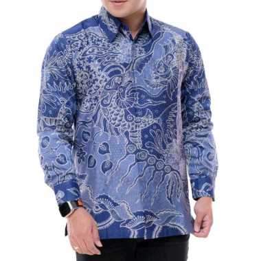 kemeja batik tulis kain satin pria lengan panjang dalam lapis furing motif iwak adep warna biru BA03