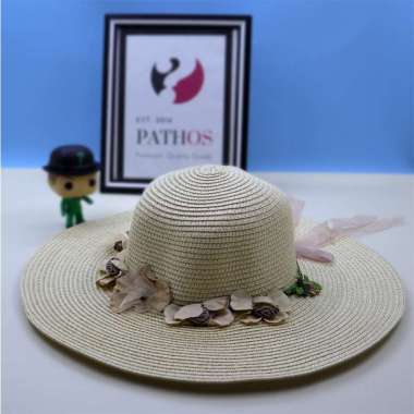 Topi Pantai Wanita Dewasa Mahkota Bunga Import Liburan Cream