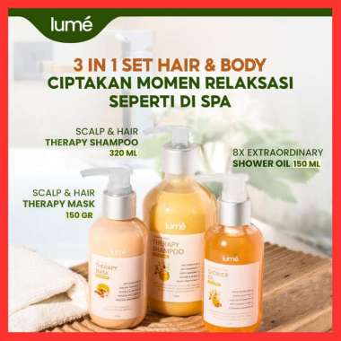 LUME PAKET 3 IN 1 HAIR & BODY SHOWER OIL SHAMPOO MENGATASI RAMBUT RONTOK KETOMBE KERING MASKER RAMBU