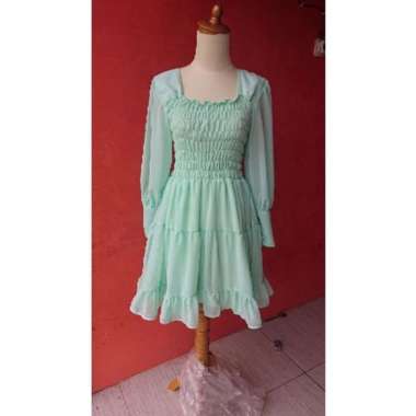 Mini Dress Korea Kerut Smock Lengan Panjang Balon bahan sifon ceruty polos kecil besar Jumbo kecil b