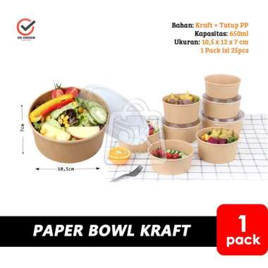Paper Bowl Kraft BROWN + Tutup Wadah Rice Bowl (1 Pack isi 25) Coklat 650ml
