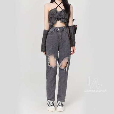 Lassie Alpha J47 robek Celana Kulot Jeans robek Jeans Salju Hitam Jeans Celana Panjang HW Kulot Jean