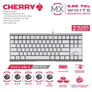 CHERRY MX Mechanical Gaming Keyboard TKL - MX3.0S TKL NBL WHITE RED SILENT