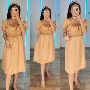 FM- DRESS TERBARU / DRESS SATEN / DRESS KOREA / DRESS MURAH- BAHAN SATIN- DRESS SIERA BANDANA L GOLD