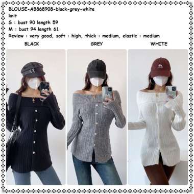 AB868908 Baju Atasan Rajut Blouse Sabrina Lengan Panjang Wanita Korea Import Hitam Putih Grey Black 
