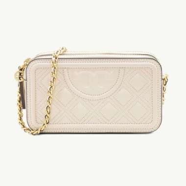 TORY BURCH Mini Fleming Double Zip Shoulder Bag in New Cream GHW