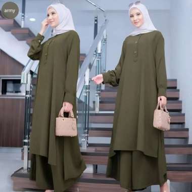 FBT Setelan Baju Muslim Wanita AIRA SET CRINKLE AIRFLOW DAPAT TUNIK + ROK PANJANG One Set Cringkel Viral Set Rok Kondangan XL ARMY