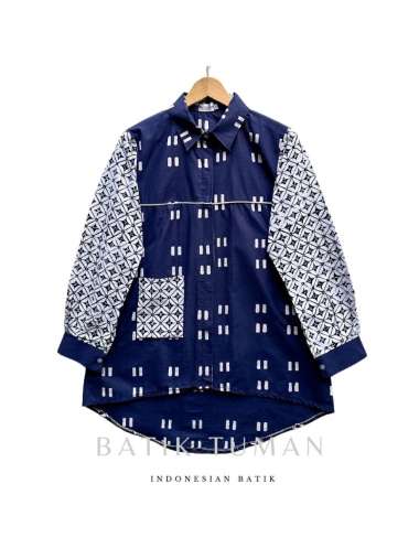 KAWUNG MILENA Blouse Kemeja Batik Kerja Kantor Wanita Warna Navy Biru Dongker White Bahan Batik Garu