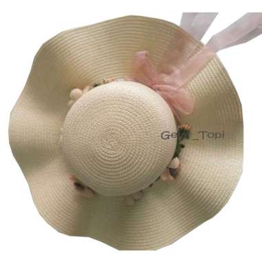 Promo-terlaris!!! Topi pantai anak, mahkota bunga, Lili, pita bergelombang Lis Mahkota Cream