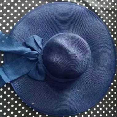 topi pantai wanita papper pita lebar import navy