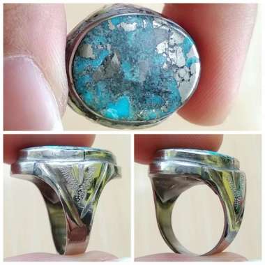 Cincin Batu Natural Pirus / Pyrus Persia Serat Logam / Perak Jumbo 02