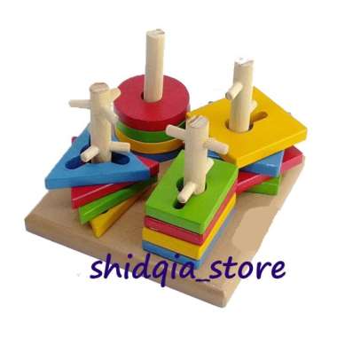 mainan kayu edukasi anak ape menara kunci geometri 4 tiang