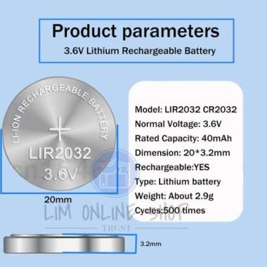 Baterai LIR2032 Rechargeable 3.6V Lithium Battery Coin Cell