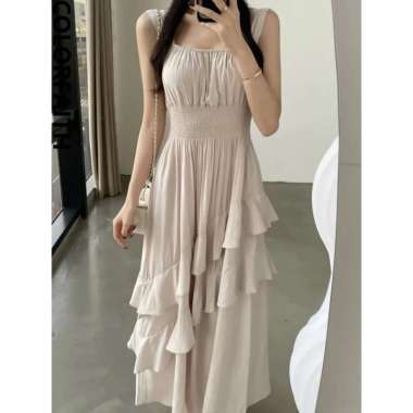 Maxi Dress Wanita Ruffle Rampel Susun Singlet Smock Pinggang Asimestris Bahan Sifon Besar (XXL/XXXL)