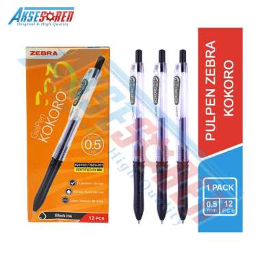 Aksesoren Pulpen Gel Kokoro Zebra [1 Pack/12 Pcs] / Ballpoint Pena Ball Pen Bolpen Tinta Hitam Biru 
