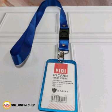 Tempat ID Card Holder Alumunium Name Tag Kartu ID + Tali Lanyard 2cm Biru