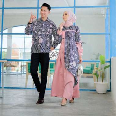 Couple Aleeya Dress Batik Couple Lebaran Couple Kondangan Muslim M Gamis Navy