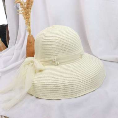 VERISH Topi Oval payung Renda Mutiara PO19 / Topi pantai oval /summer hat Putih tulang