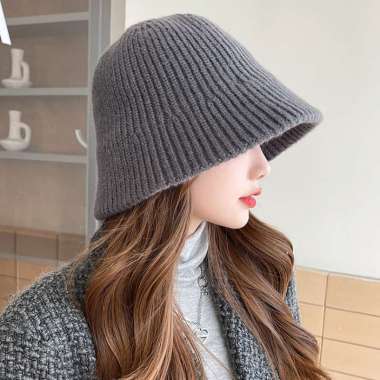 Verish Topi Bucket Rajut Polos Tebal Topi Wanita Korea Dilipat Topi Cewe Abu2