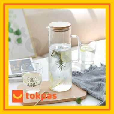 Teko Pitcher Jug Kaca Tahan Panas dengan Tutup Bambu Tahan Panas / Water Jug Glass Bottle With Bambo