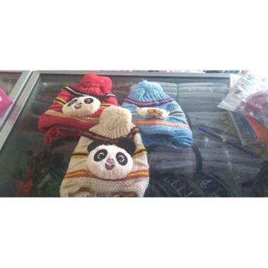 Topi bayi baby laki Tali rajut boneka panda cream