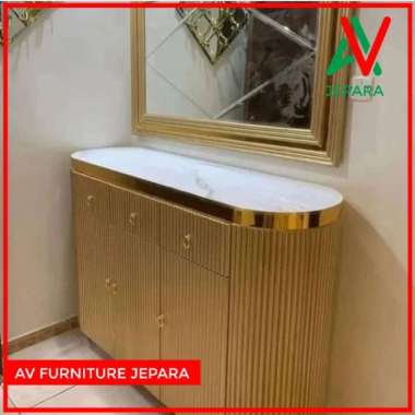 MEJA KONSOLE KOMBINASI STAINLESS GOLD, MEJA RIAS , BUFFET HIAS KACA