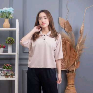 Polo Shirt Wanita Crop Loni Baju Kerah Wanita Baju Wanita Kerja Cream