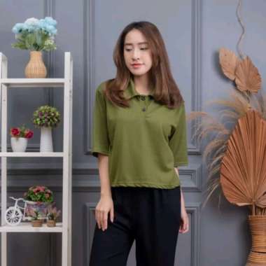 Polo Shirt Wanita Crop Loni Baju Kerah Wanita Baju Wanita Kerja Hijau