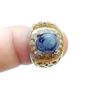 Cincin Titanium Batu Permata Natural Blue Safir Cabochon Kecil