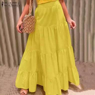 Bawahan Rok maxi skirt Remple Ruffle susun bahan katun M mustard