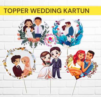 Topper Kue PERNIKAHAN KARTUN / Topper Kue Happy Wedding Cake / Hiasan Kue Nikah Motif B