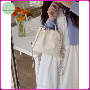 Tas Serut Kulit Wanita Tas Cewek Gendong Rantai Kecil Rhombic Backpack GC 8683 Original Import White
