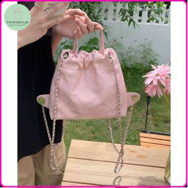Tas Serut Kulit Wanita Tas Cewek Gendong Rantai Kecil Rhombic Backpack GC 8683 Original Import Pink