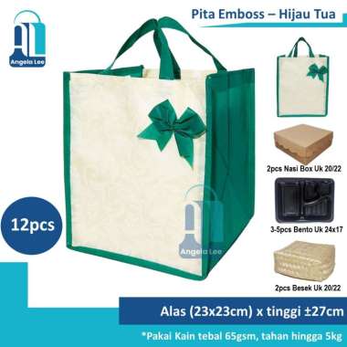 12pcs Tas Kain Spunbond Pita Emboss Polos muat 2-3 box nasi kotak Besek 20/22cm Hajatan Syukuran Pes