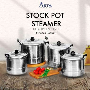 Panci Kukus Tutup Kaca Set / Panci Kukusan Stainless - Stock Pot Steamer / Panci Steamer isi 4 panci