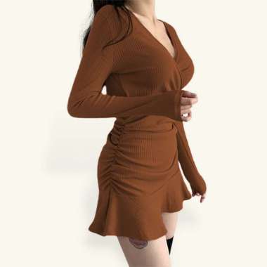 Mini Dress sexy lengan panjang wanita Gaya Korea model terbaru - Jfashion New Laila Coklat