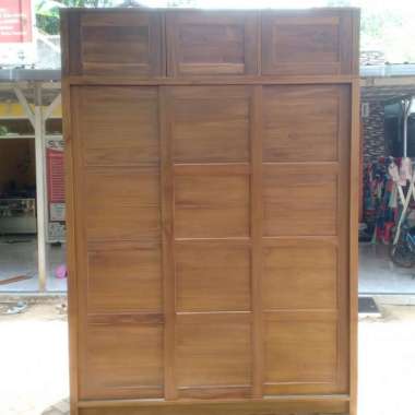 Lemari Pakaian Sliding Pintu 3 Minimalis Req Tinggi Kayu Jati Asli