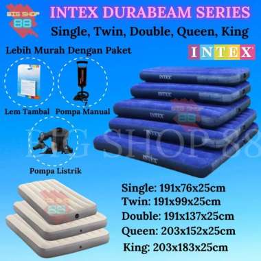 PAKET MURAH KASUR MATRAS ANGIN TIUP AIR BED INTEX DURABEAM + POMPA MANUAL + POMPA LISTRIK + LEM TAMB