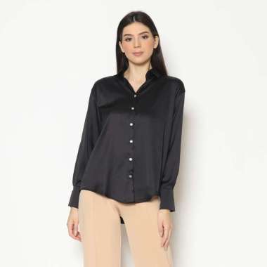 Kemeja Blouse Wanita Silk Plain V-Neck Lengan Panjang M Hitam