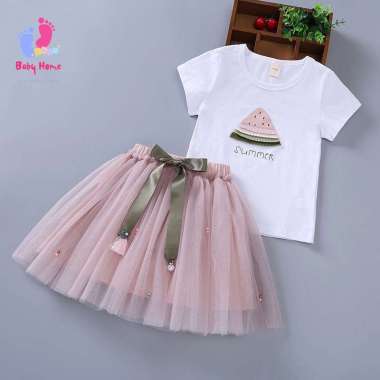 Setelan Baju Anak Perempuan Kaos+Rok Dress Anak Gaun Anak Cewek Pola Semangka Lucu 1-9tahun 110(3-4 