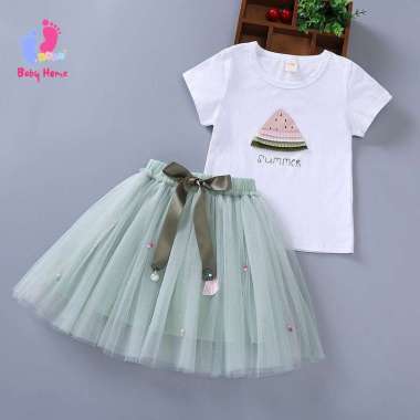 Setelan Baju Anak Perempuan Kaos+Rok Dress Anak Gaun Anak Cewek Pola Semangka Lucu 1-9tahun 140(7-8 