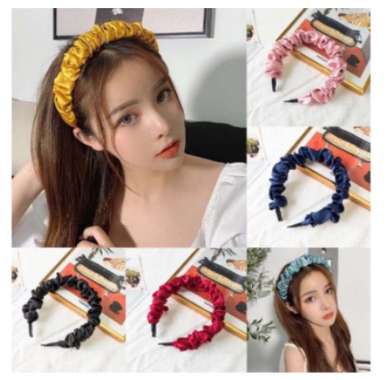 Bando Scrunchie Serut Satin Besar Korea Headband Ruffle Bandana Polos Wanita Bando Kain Scrunchie Fa