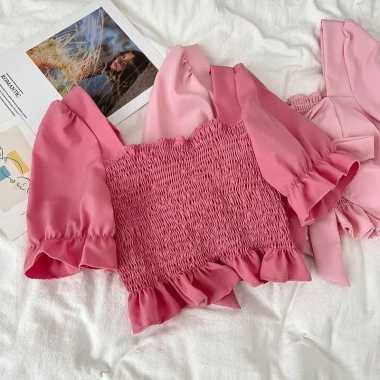 Atasan Wanita Blouse Crop Top Lengan Balon Puff Smock Pendek Tali Pita V Neck Bahan Katun Besar (XXL